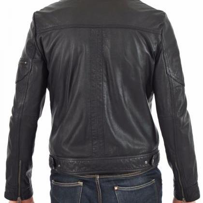 Men Leather Jacket Handmade Black Motorcycle Solid..