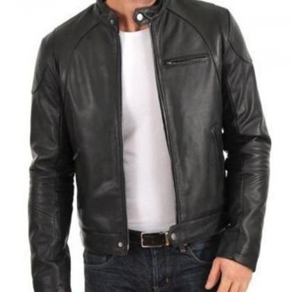 Men Leather Jacket Handmade Black Motorcycle Solid..