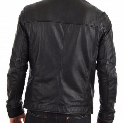 Men Leather Jacket Handmade Back Motorcycle Solid..