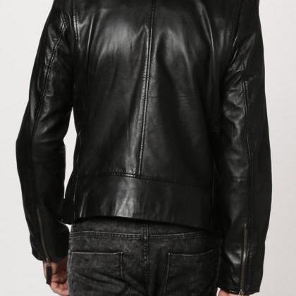 Men Leather Jacket Handmade Back Motorcycle Solid..