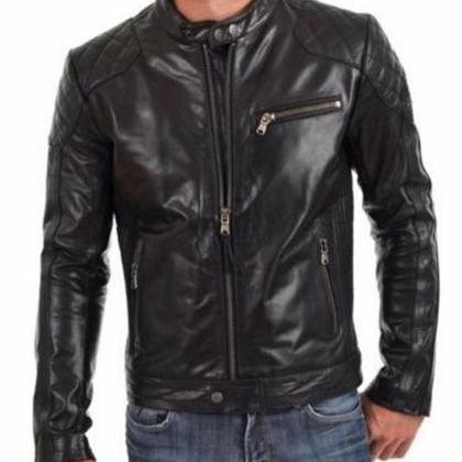 Men Leather Jacket Handmade Black Motorcycle Solid Lambskin Leather ...