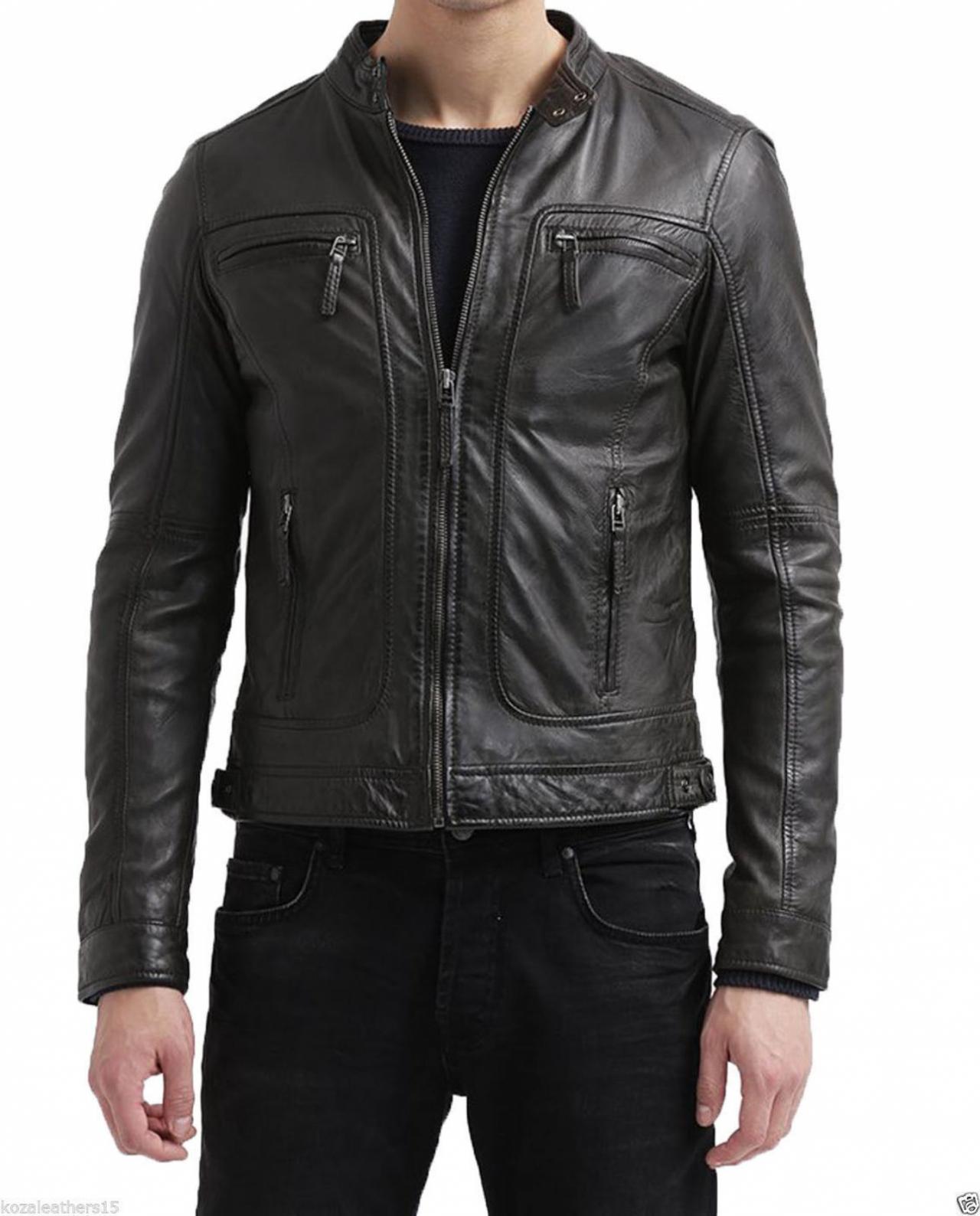 Men Leather Jacket Handmade Black Motorcycle Solid Lambskin Leather -45