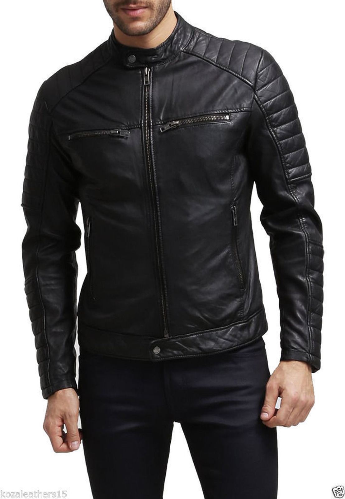 Men Leather Jacket Handmade Black Motorcycle Solid Lambskin Leather -46