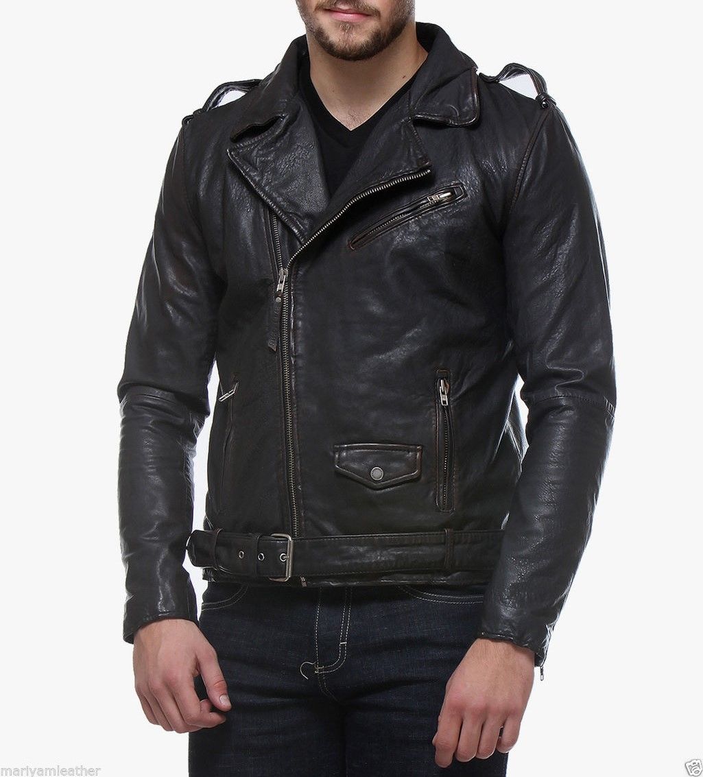 Men Leather Jacket Handmade Black Motorcycle Solid Lambskin Leather -52