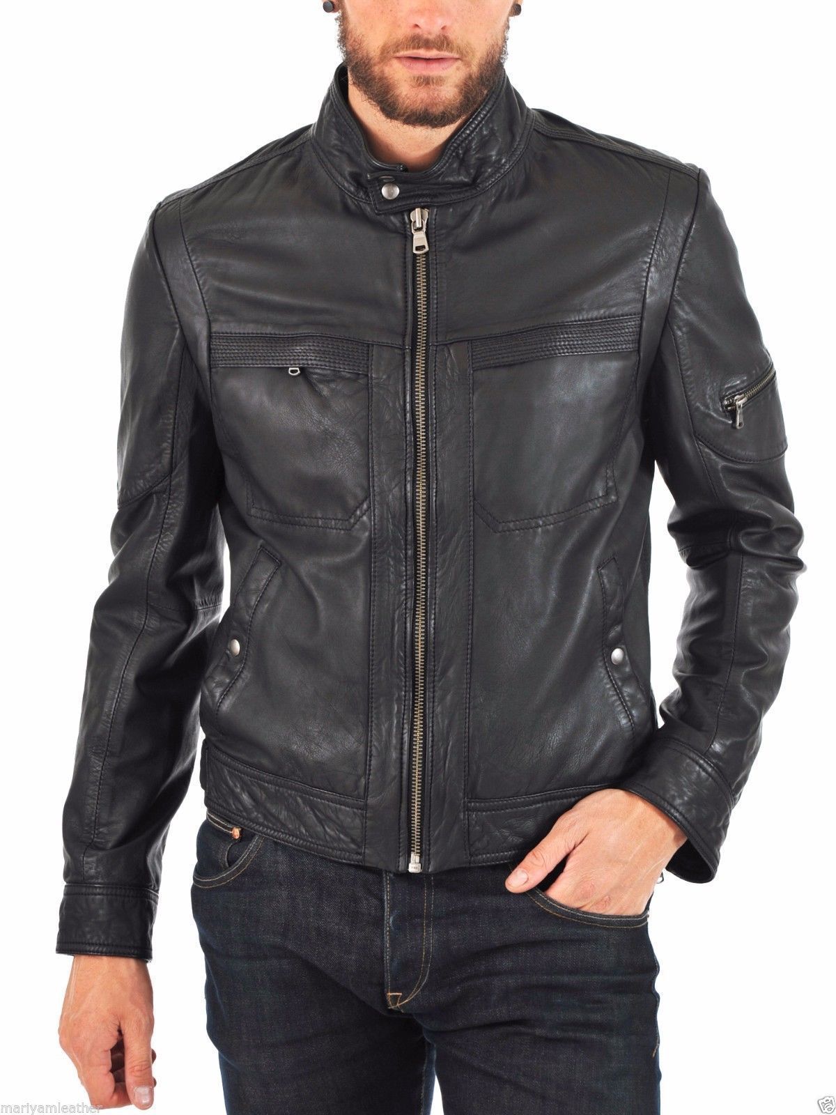 Men Leather Jacket Handmade Black Motorcycle Solid Lambskin Leather -53
