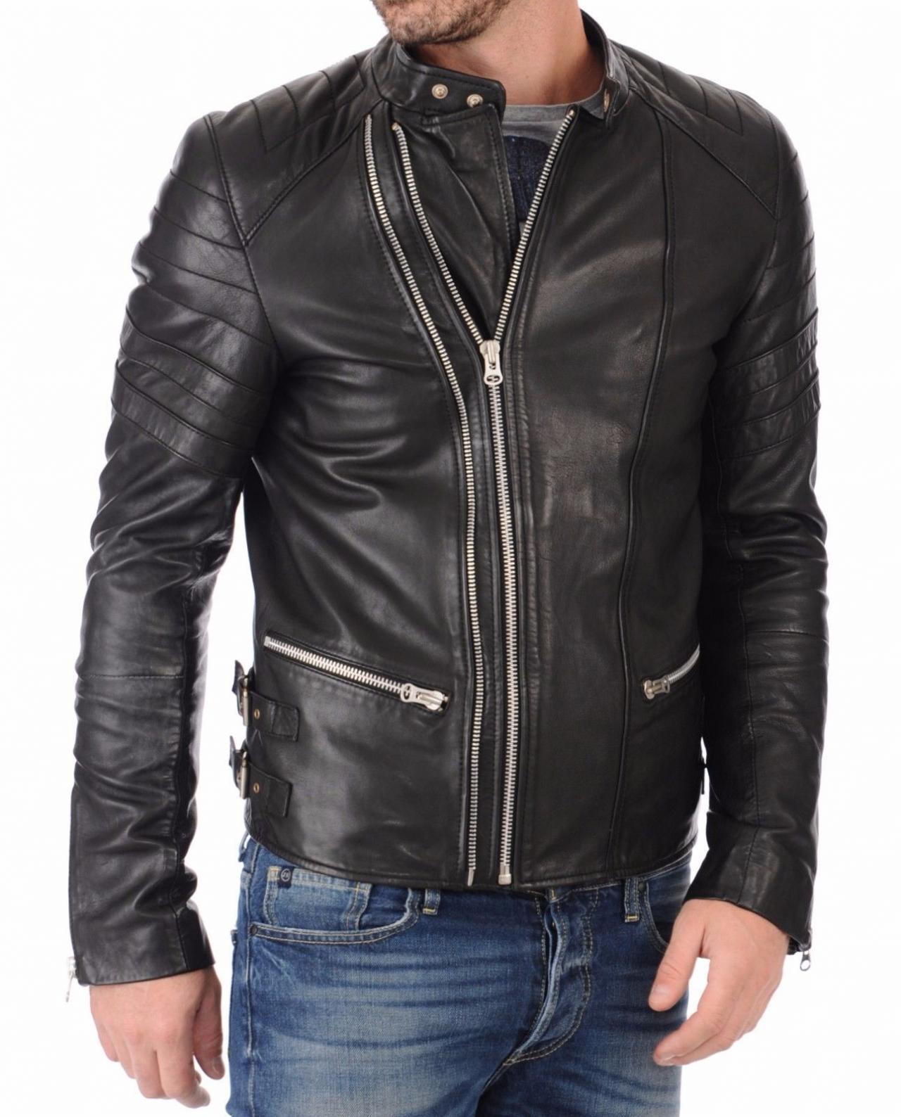 Men Leather Jacket Handmade Black Motorcycle Solid Lambskin Leather -64