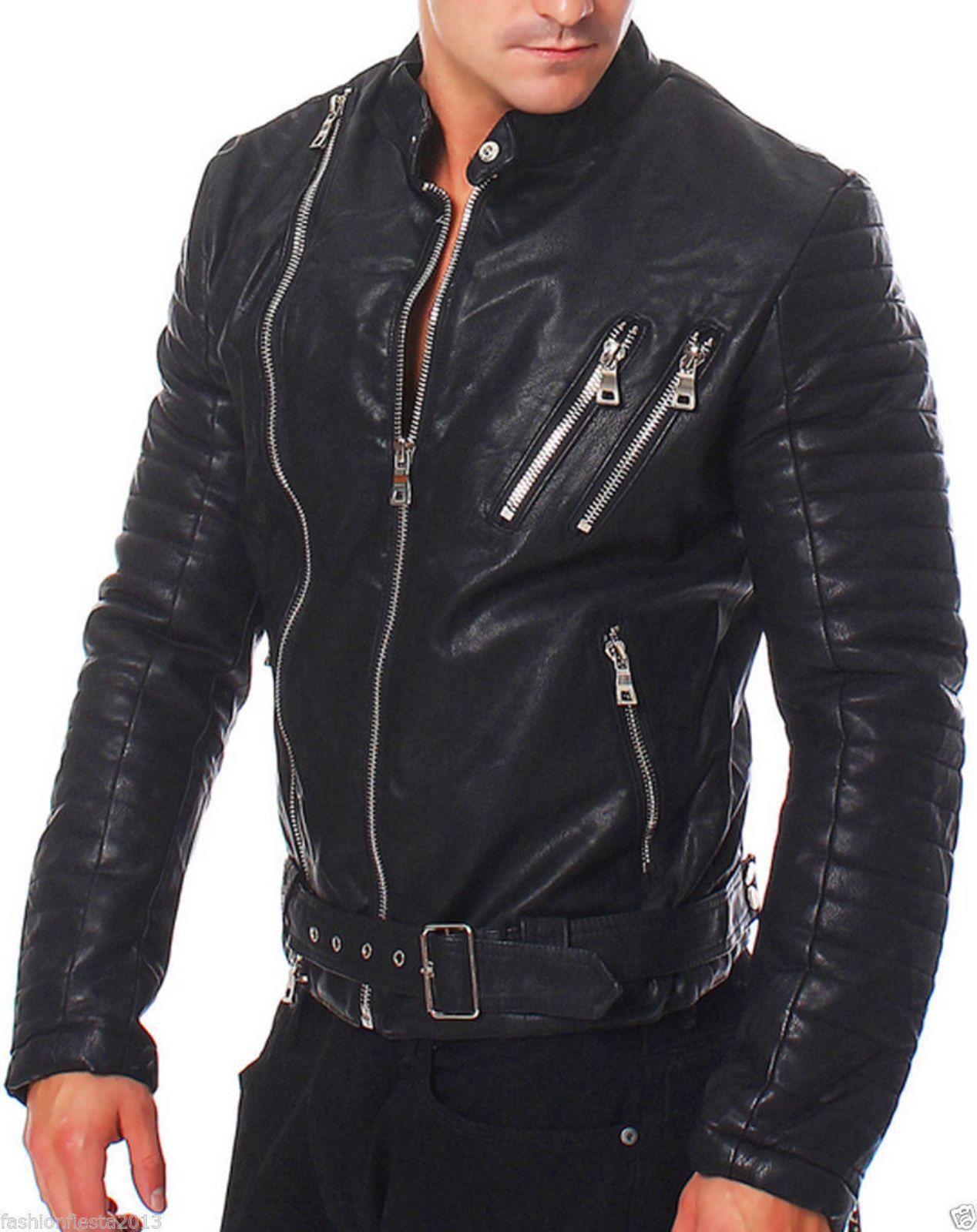 Men Leather Jacket Handmade Black Motorcycle Solid Lambskin Leather -68