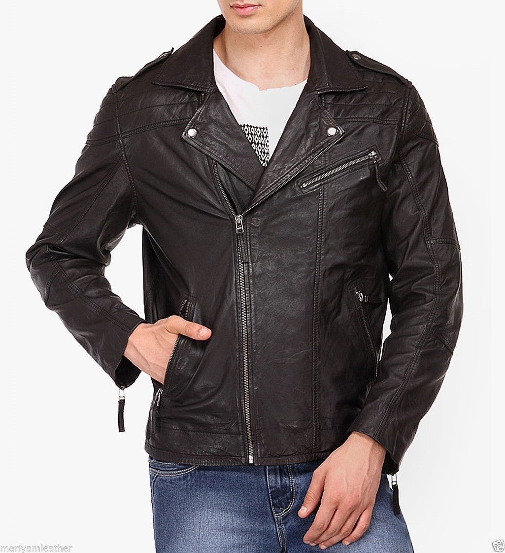 Men Leather Jacket Handmade Black Motorcycle Solid Lambskin Leather - 87