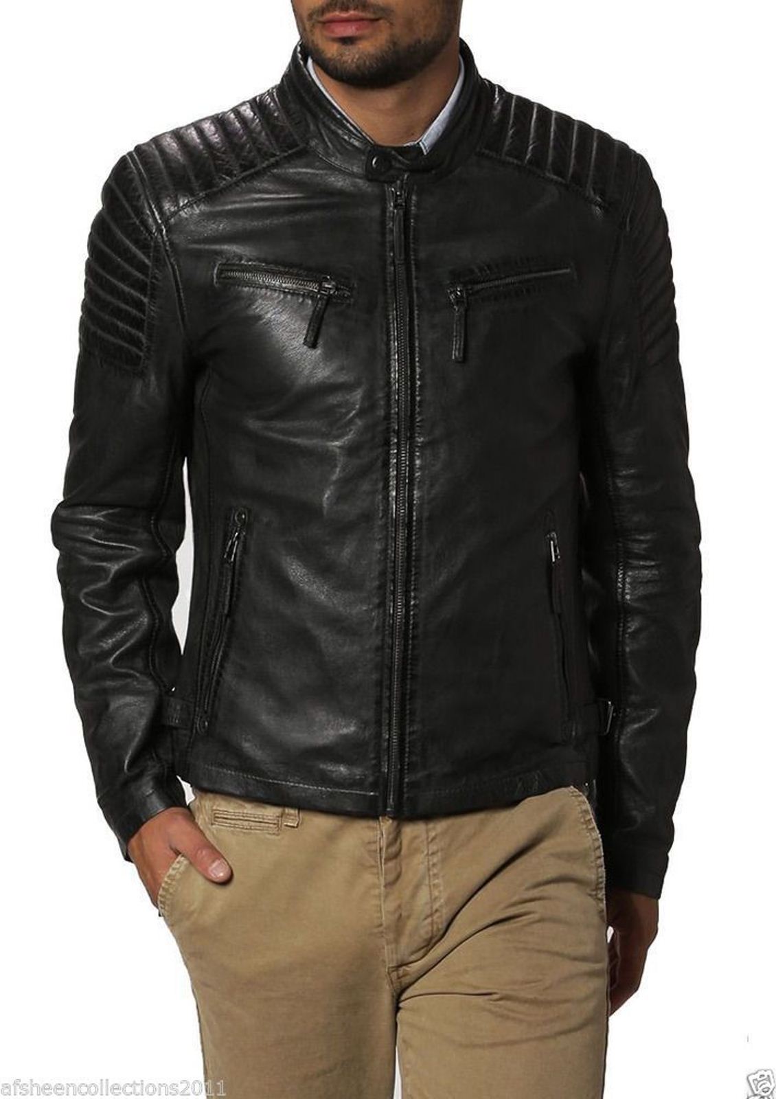 Men Leather Jacket Handmade Black Motorcycle Solid Lambskin Leather - 101