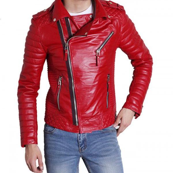 Men Leather Jacket Handmade Red Motorcycle Solid Lambskin Leather -70 ...