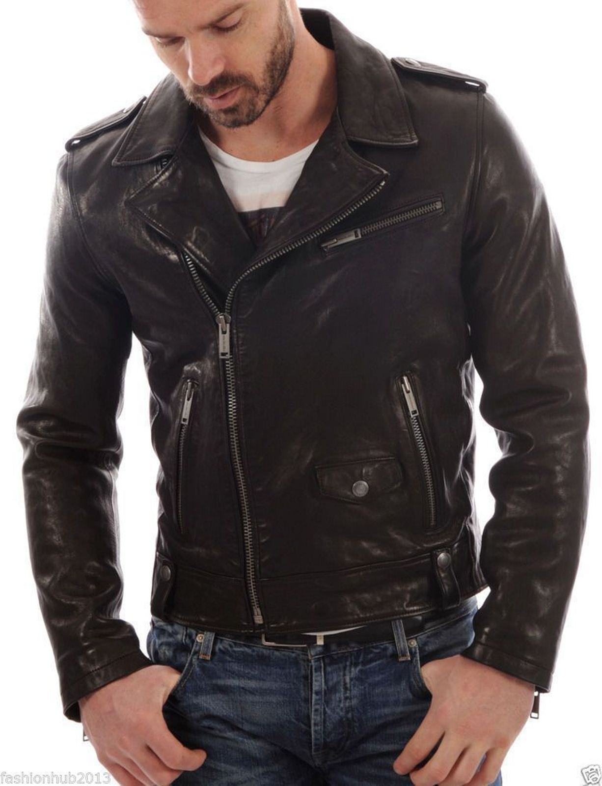 Men Leather Jacket Handmade Black Motorcycle Solid Lambskin Leather -58 ...