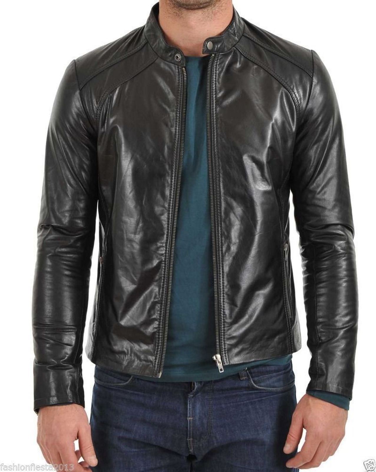 Men Leather Jacket Handmade Black Motorcycle Solid Lambskin Leather -66 ...