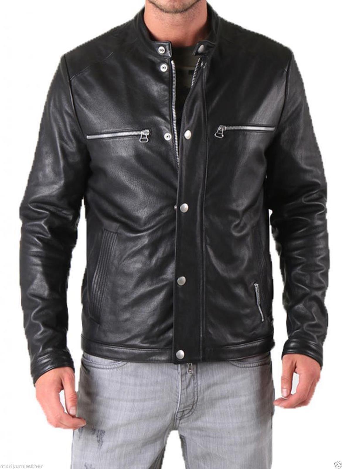 Men Leather Jacket Handmade Black Motorcycle Solid Lambskin Leather ...